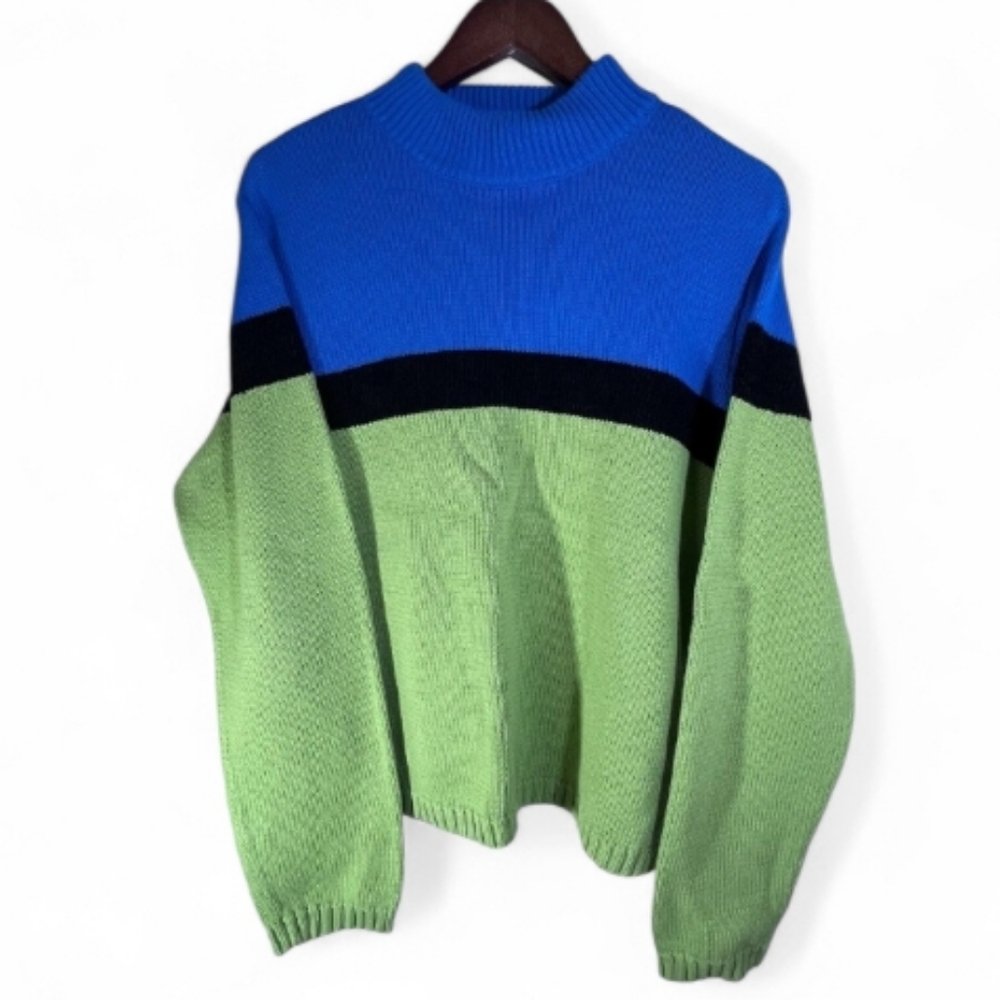 Electric Blue, Lime Green & Blk Colorblock VTG 90's Casual Women's Sweater